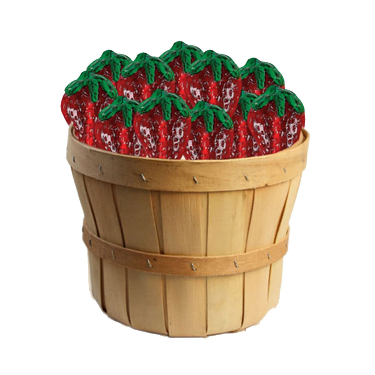 Red strawberry-shaped harvest lollipops in a display basket.