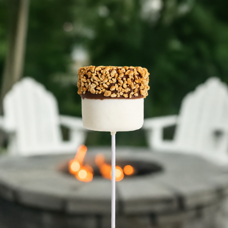 Melville S'mores marshmallow pop in front of a backyard firepit