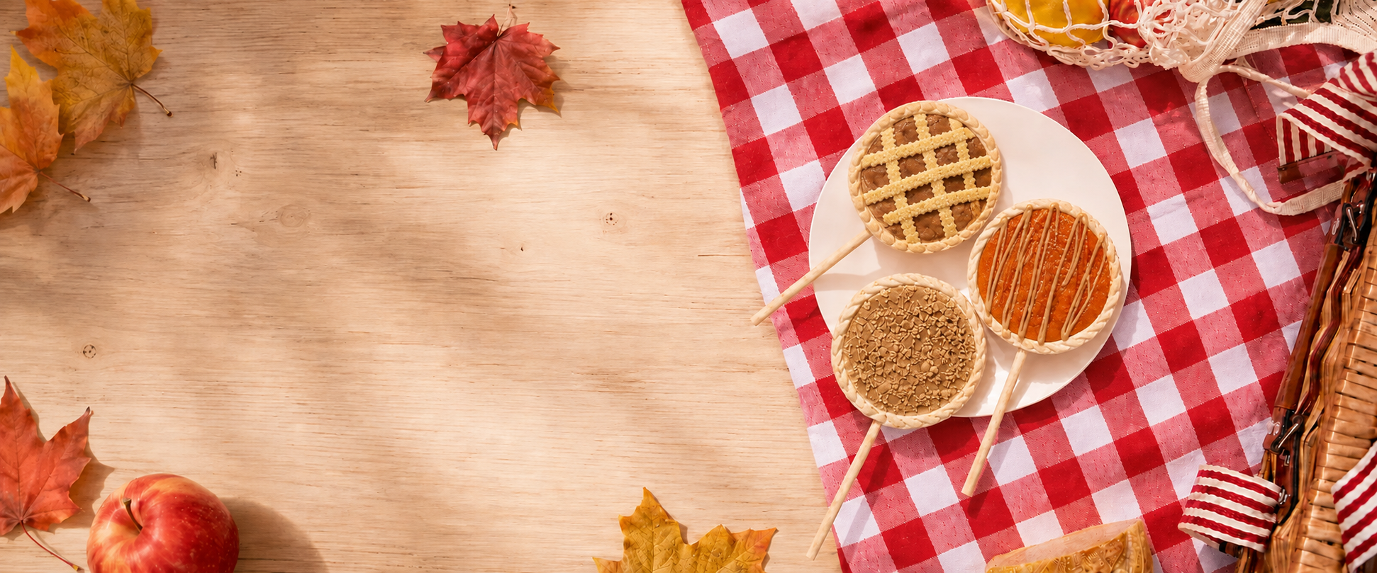 Fall pie lollipops arranged on a plate beside a harvest basket.