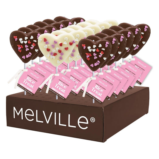 Confetti Heart Rice Treat Pops - White & Milk Chocolatey-Coated - Display Stand