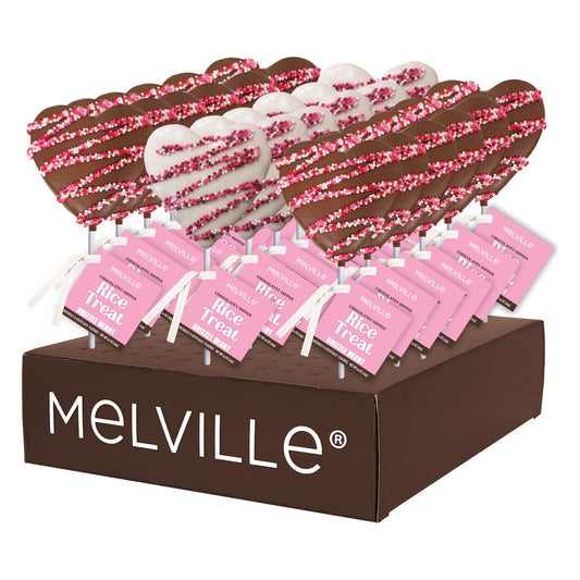 Drizzle Heart Rice Treat Pops - White & Milk Chocolatey-Coated - Display Stand