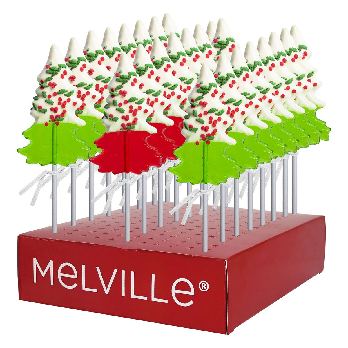 Chocolatey-Dipped Holiday Confetti Tree Lollipops - Red & Green - Display Stand