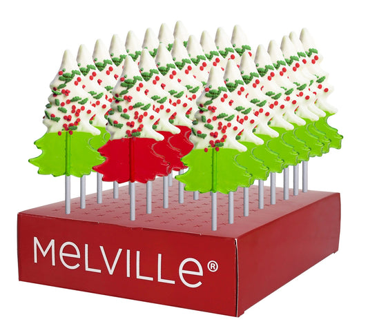 Chocolatey-Dipped Holiday Confetti Tree Lollipops Red and Green - Display Stand