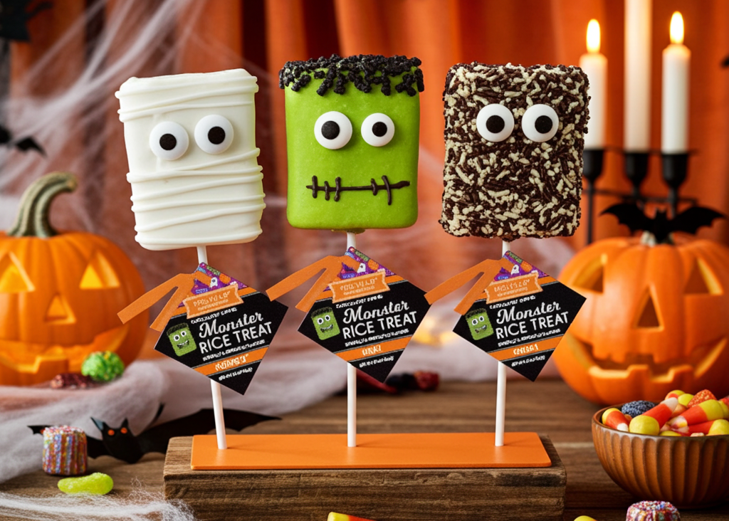 Assorted Halloween monster rice treat pops.