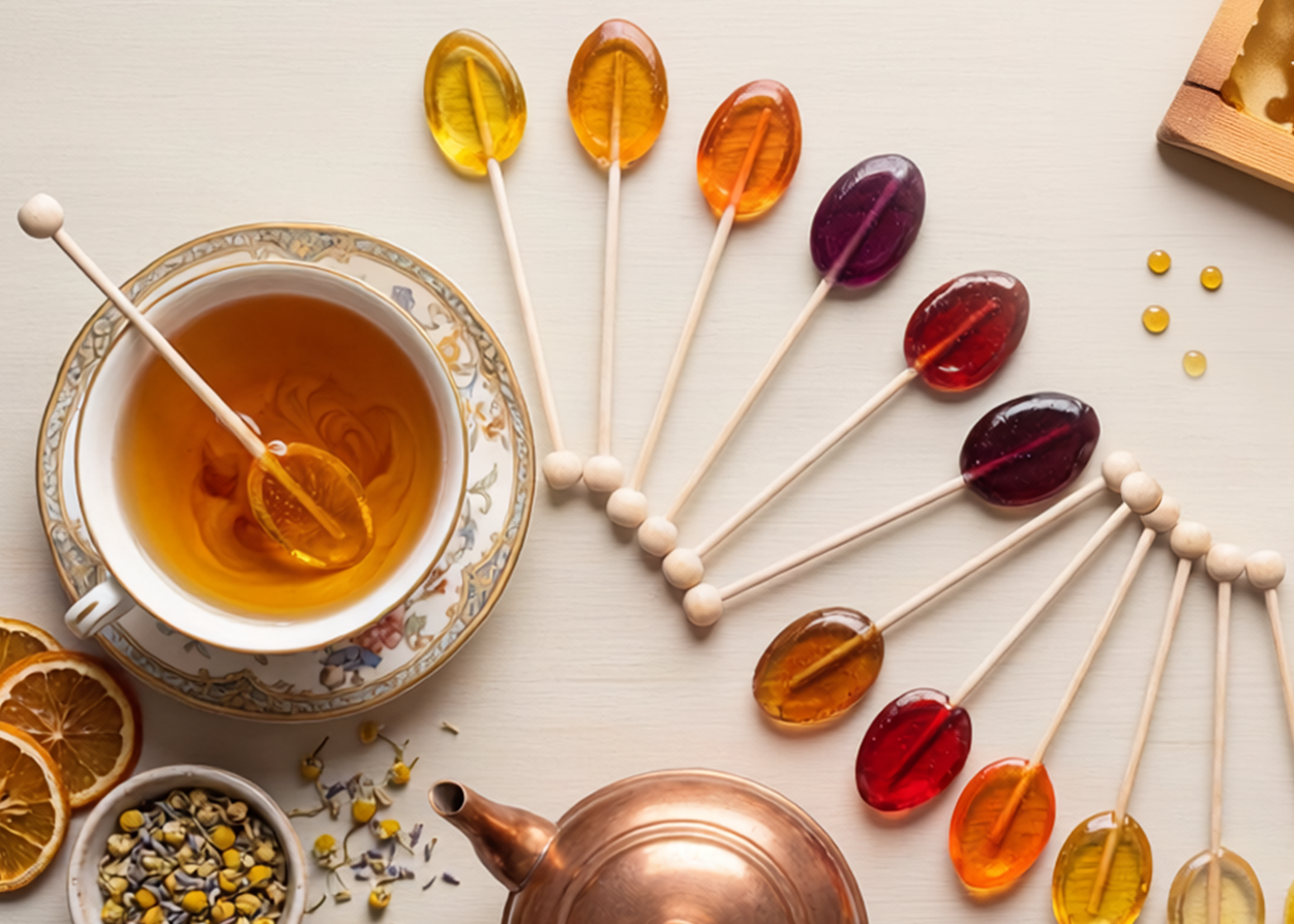 Honey spoons and candy stirrers arranged for a seasonal drink display.