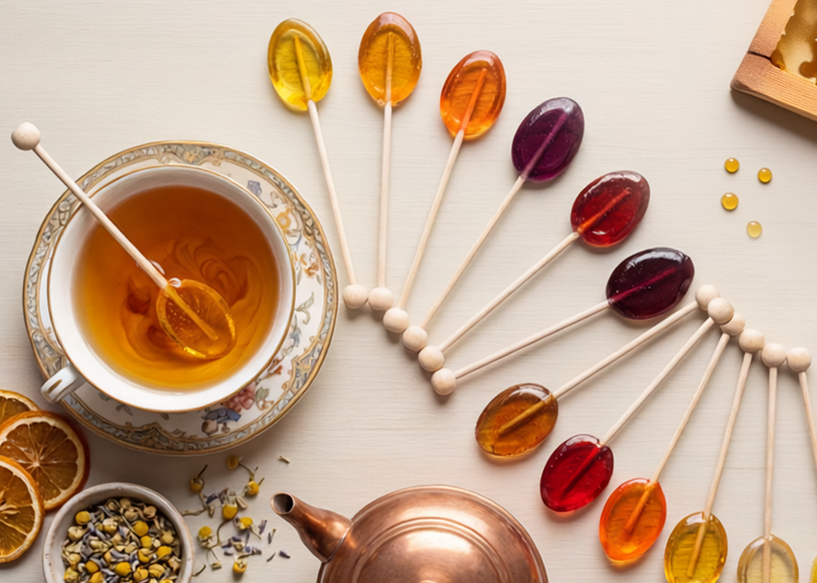Honey spoons and candy stirrers arranged for a seasonal drink display.