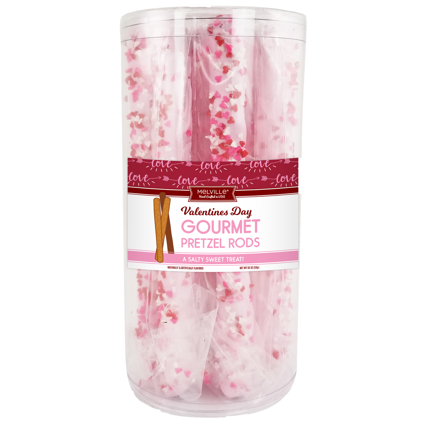 White Chocolatey Coated Pretzel Rods - Heart Confetti